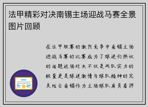 法甲精彩对决南锡主场迎战马赛全景图片回顾